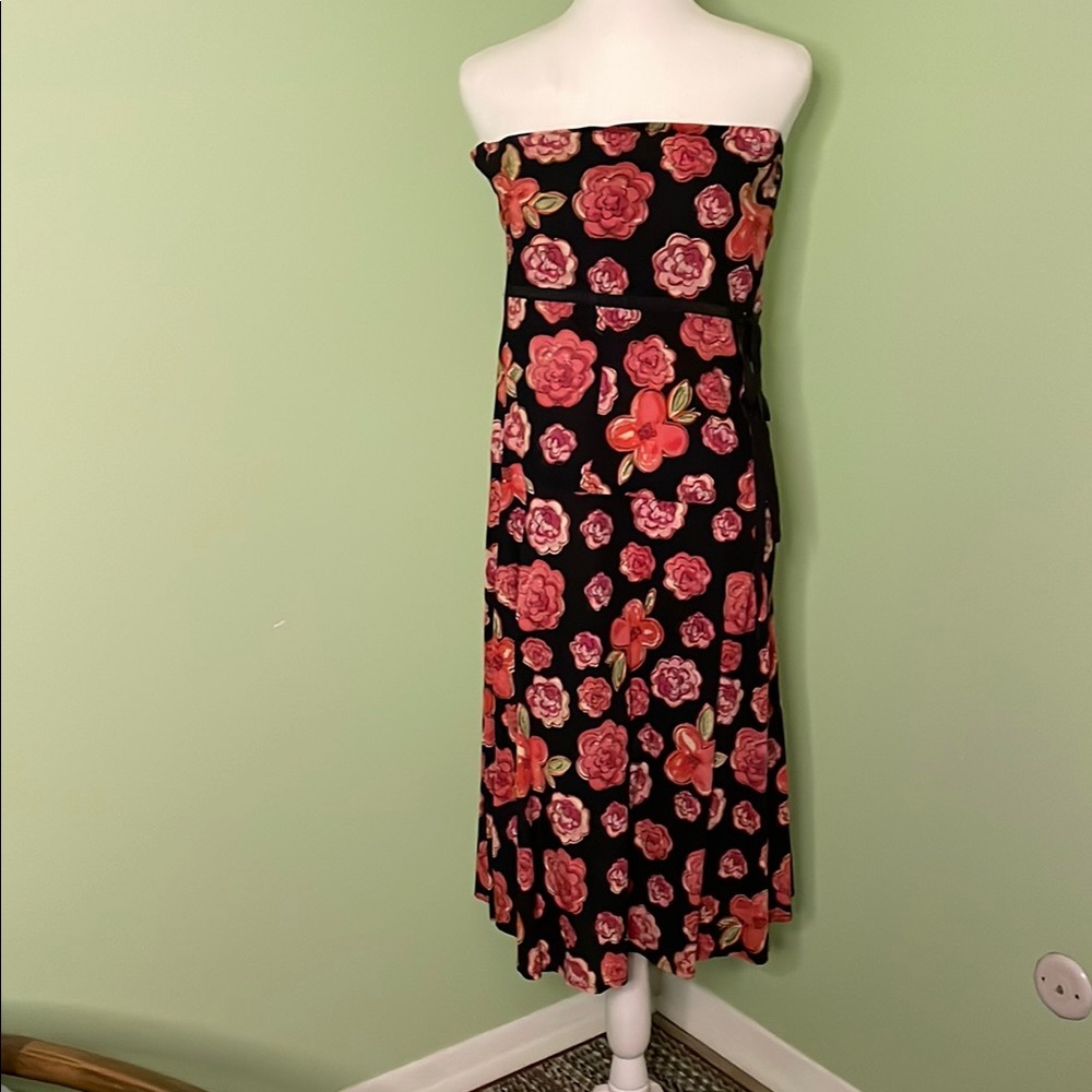Floral Strapless Dress - Black and Pink